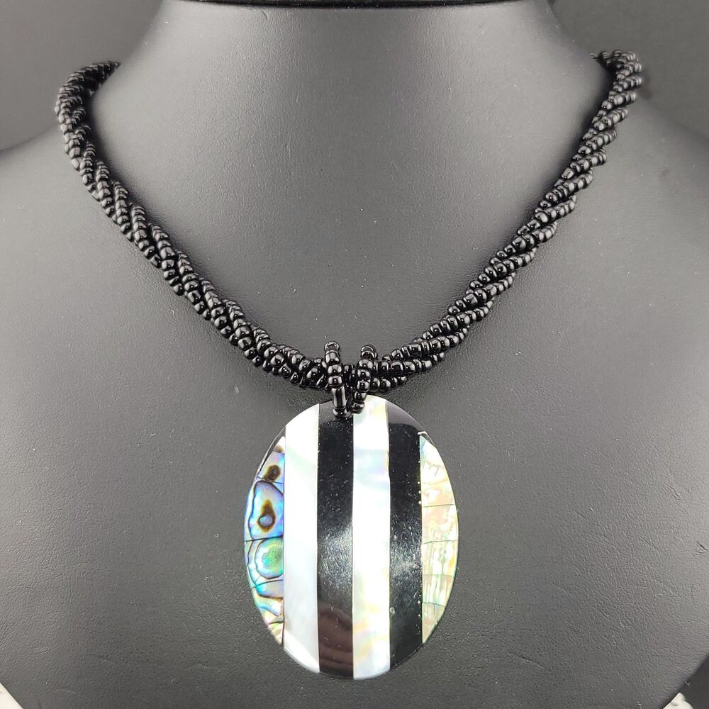 Vintage Abalone Mother of Pearl Black White Stripe Mosaic Pendant Necklace 18"